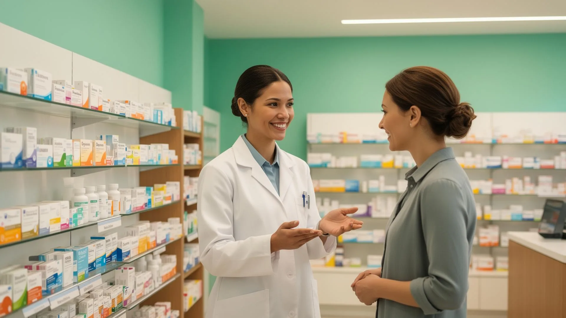 Pharmacist consulting with patient at Quaker Community Pharmacy